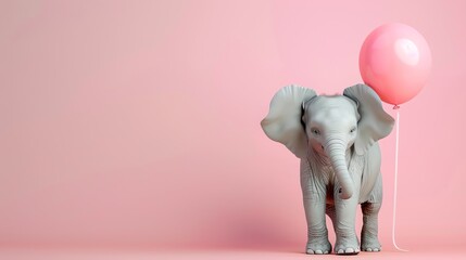 Wall Mural - A cute cartoon elephant with a pink balloon on a pink background.