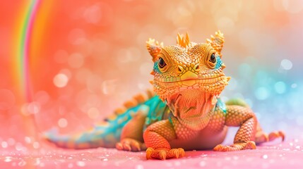 A colorful lizard looking at the camera on a pink background with a rainbow.