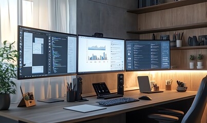 Poster - Home Office Setup with Dual Monitors, Smart Whiteboard, and AI-Powered Task Management for Remote Work