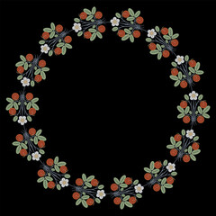 Wall Mural - Round floral frame with strawberry branches. Botanical border with fruits and flowers. Circular wreath with green leaves, white flowers and ripe red berries on black background.