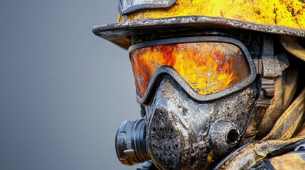 Close-up of a firefighterâ€™s helmet, soot marks, reflection of fire in visor