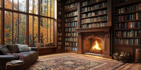 Canvas Print - Cozy library room with fireplace and vintage bookshelves 