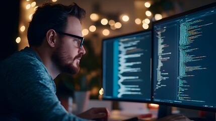 Wall Mural - software developer meticulously crafting website project with efficient multitasking setup