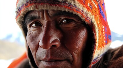 Close-up of a manâ€™s face, wearing a traditional Andean hat, bright sky background