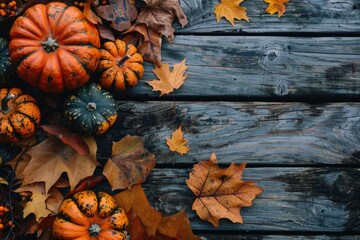 Wall Mural - A collection of pumpkins sits on a wooden table, ready for decoration or display