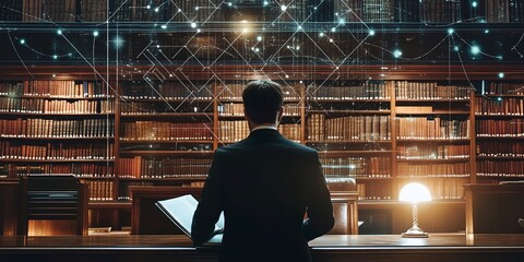 Poster - Lawyer Researching in Serene Legal Library with Soft Lighting and Digital Line Art Overlay 