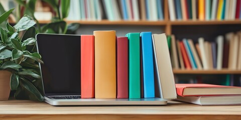 Canvas Print - books stack color laptop notebook book computer education literature library school college university 