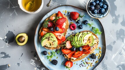 Sticker - Two slices of avocado toast with berries on a plate next to a cup of tea.