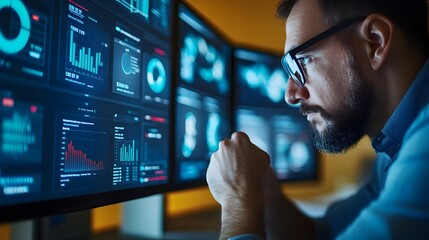 Wall Mural - scientist analyzing web analytics and data visualizations on digital dashboard