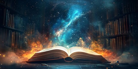 Poster - Magical library with an open book and a window to the universe, blending knowledge and fantasy in a captivating scene.b