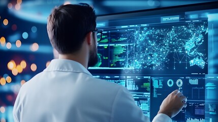 Wall Mural - scientist analyzing website backend with advanced analytics dashboards