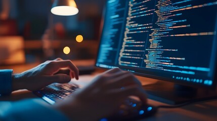 Wall Mural - hands on keyboard with coding in progress focused developer intensely working late at night