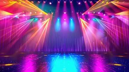 A concert stage with lights flashing in vibrant colors, creating a high-energy vibe