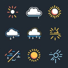 icons different weather conditions sun cloud rain snowflake and thunderstorm all icons use clean lin