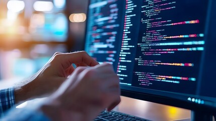 Programmer Analyzing Website SEO Dashboard with Elegant Computer Interface