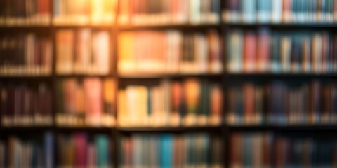 Poster - Blurred library background with a books on shelves. 