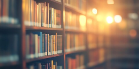 Sticker - Blurred library background with a books on shelves. 