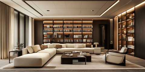 Canvas Print - modern luxury elegance living area with a nice library bookshelf style library 