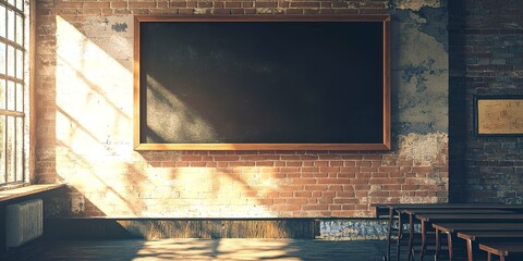 Poster - Empty classroom bathed in sunlight with a blank chalkboard on a vintage wall 