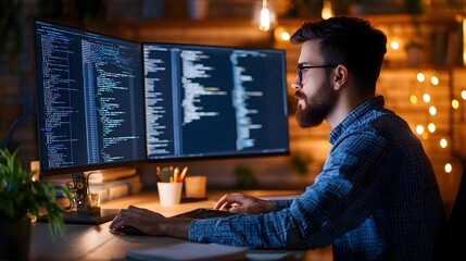 Meticulous Programmer Integrating API with Website on Dual Monitor Setup