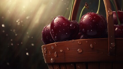 Wall Mural - Close-up of freshly picked organic cherries, deep red color, water droplets, wooden basket