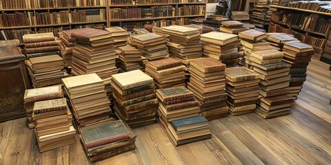 Sticker - A large collection of old books stacked on a wooden floor in a bookstore 