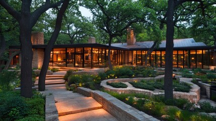 Contemporary mansion, expansive glass walls, landscaped garden, evening light