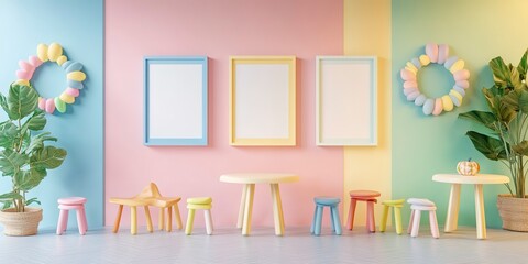 Poster - Colorful pastel colors learning rooms for pre-primary students or young children blank mockup frames on halloween wall of kindergarten or children playroom, display and show mockup