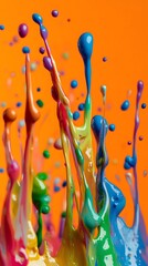 Colorful Paint Splashes on Orange Background, Abstract Image, Texture, Pattern Background, Wallpaper, Cover and Screen of Smartphone, PC, Laptop, 9:16 and 16:9 Format