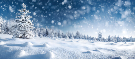 Wall Mural - pine tree on snowdrift with snowfall in the winter season beauty nature background