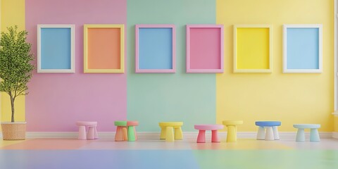 Wall Mural - Colorful learning rooms for pre-primary students or young children blank mockup frames on painted colorful wall of kindergarten or children playroom, display and show mockup 