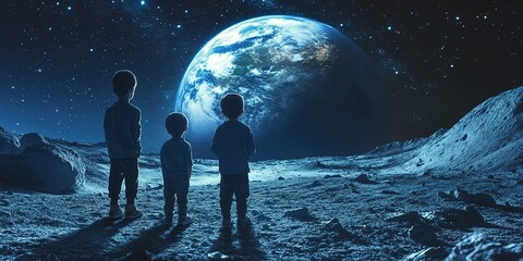 Canvas Print - Children look at the Earth from the moon 