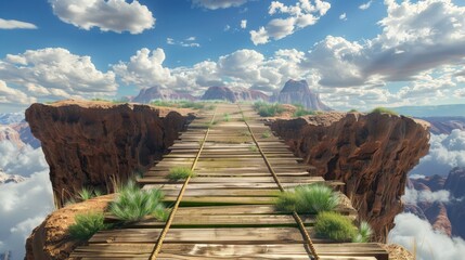 Poster - A long wooden bridge spans a mountain landscape with clouds visible in the background