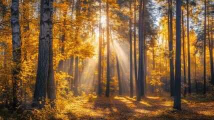 Wall Mural - sunlight filtering through dense autumn forest, illuminating golden leaves and tall trees