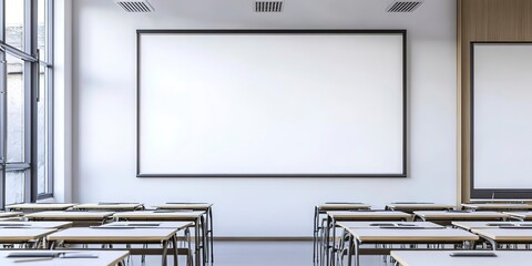 Canvas Print - Blank white frame in classroom full of desks.