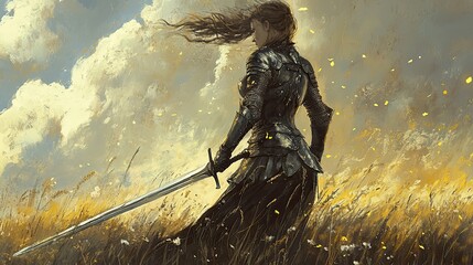 Poster - A Female Warrior Stands in a Field with a Sword