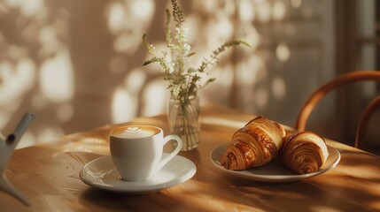 A cup of cappuccino and two croissants on a wooden table.