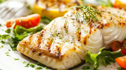 Canvas Print - Grilled fish with lemon and vegetables.