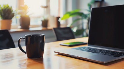 Wall Mural - A black mug of coffee on a wooden table next to a laptop computer.