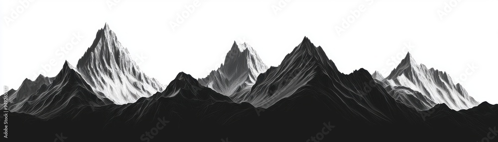 Stylized black and white mountain range with sharp peaks, creating a ...