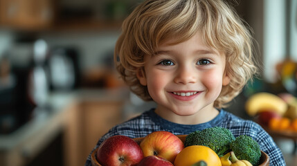 little cute smiling boy holding bowl with fruits and vegetables in kitchen, child, kid, kids, healthy eating, bananas, apples, broccoli, food, vegetarianism, portrait, person, face, dish