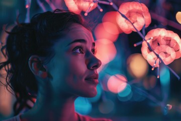 A woman standing in front of a bunch of string lights, perfect for indoor photography or event decoration