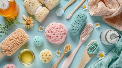 Poster - Various cleaning products and tools on a blue background, suitable for use in promotional materials or as a visual representation of a cleaning theme