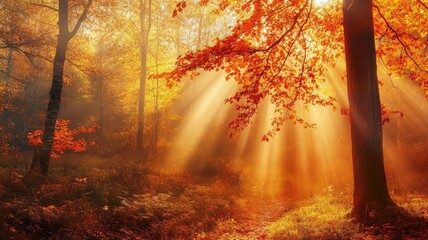 Wall Mural - sunlight filters through autumn forest with golden and red leaves