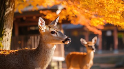 Wall Mural - Two deer in autumn forest with colorful foliage