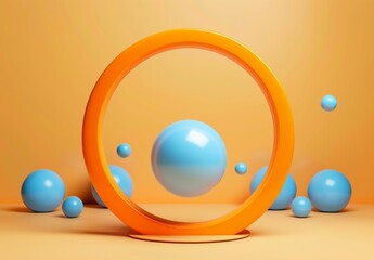 Wall Mural - a group of blue balls are in a circle around an orange object. ai.