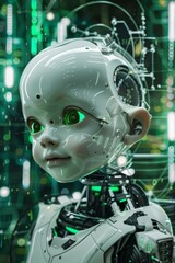 Wall Mural - a close up of a robot with green eyes and glowing lights. ai.