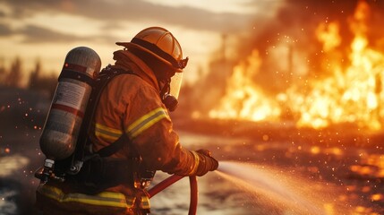 Brave firefighter battling a blazing wildfire with a hose, showcasing heroism and courage in dangerous conditions.