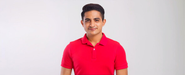 A portrait of a South Asian man wearing a red polo shirt