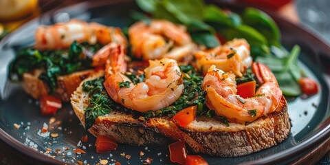 Wall Mural - Plate of bruschetta with shrimp and spinach on a tabletop